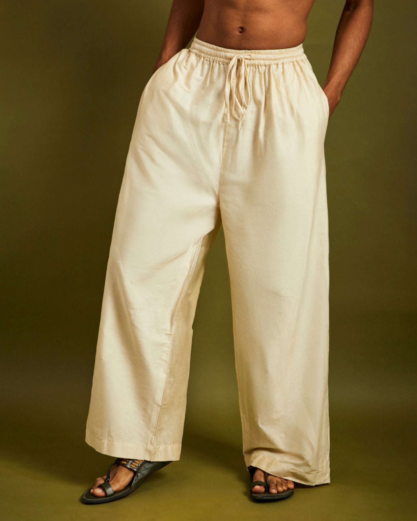 Cream wide leg pants with elastic and drawstrings