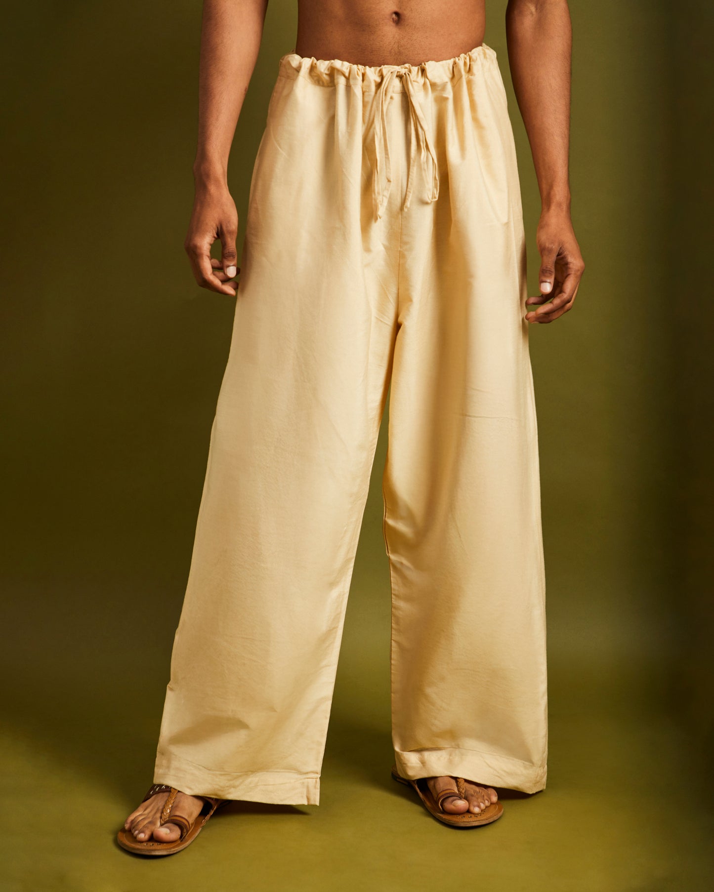 Beige Wide Leg Pants with Drawstrings