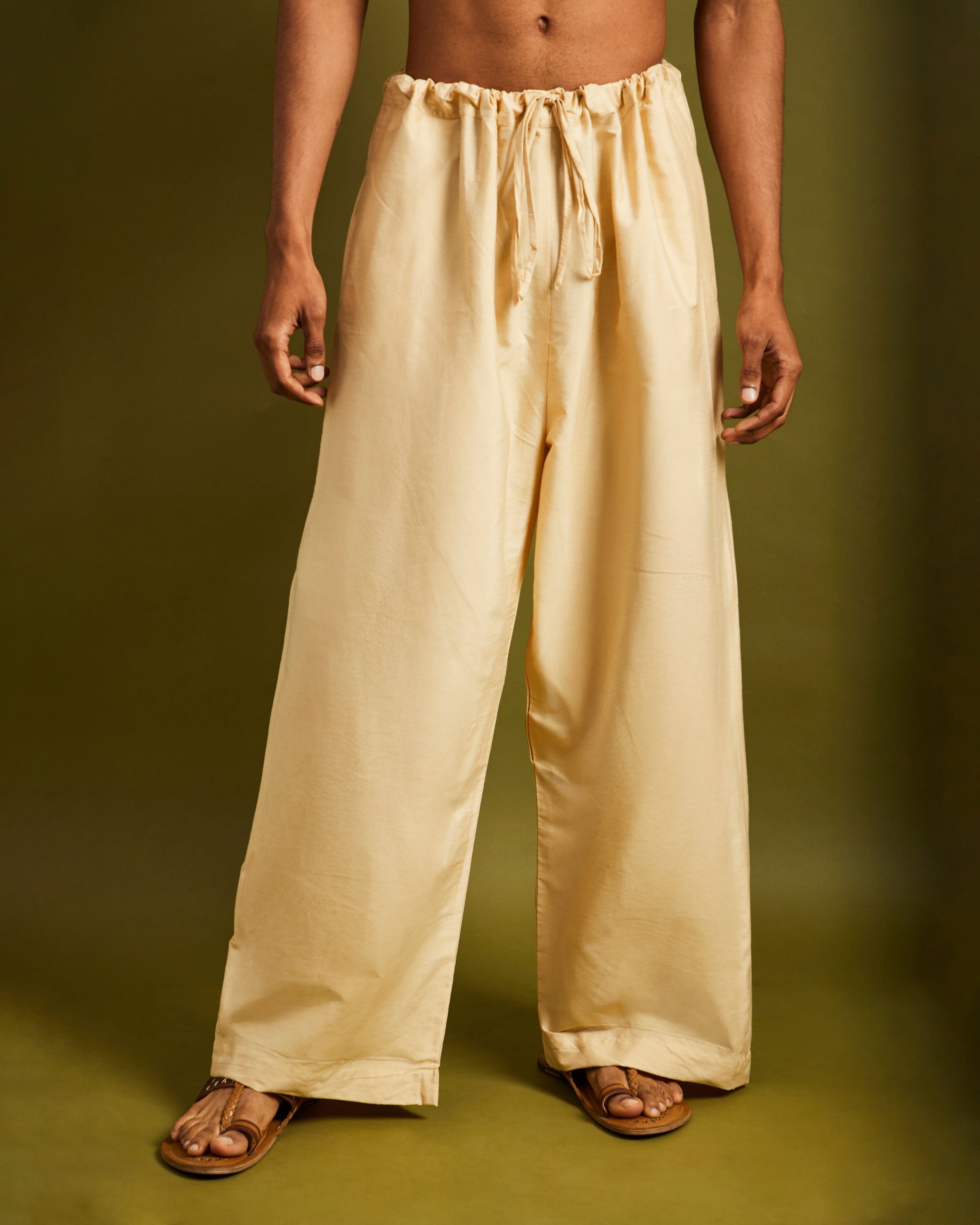 Beige Wide Leg Pants with Drawstrings