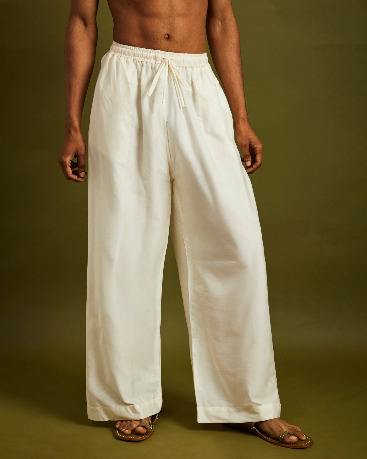 White Wide Leg Pants with Elastic and Drawstrings