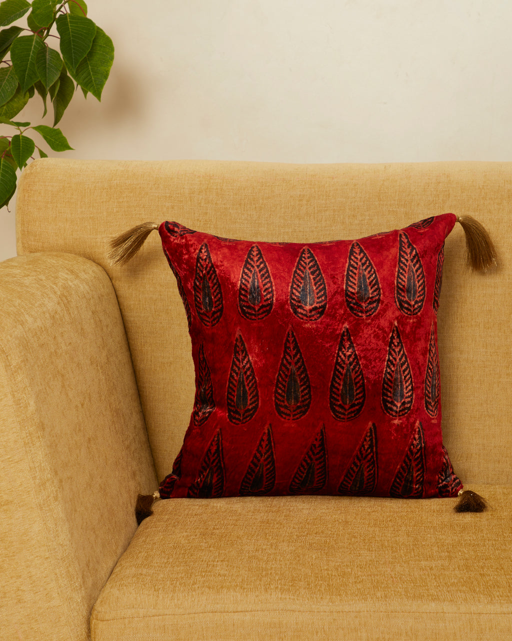 Darakht Red Velvet Ajrakh Square Cushion Cover