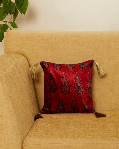 Darakht Red Velvet Ajrakh Square Cushion Cover